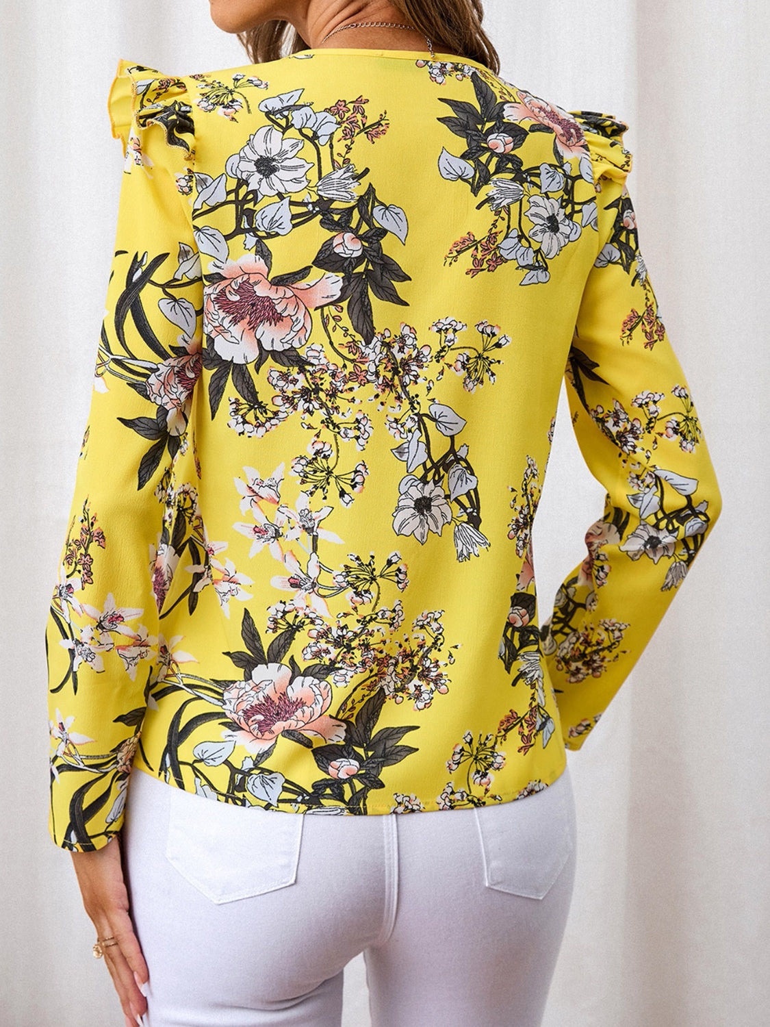 Ruffled Printed V-Neck Long Sleeve Blouse