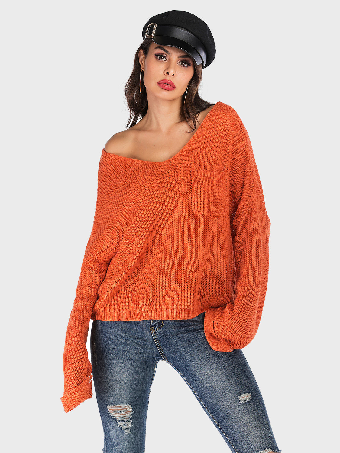 Perfee V-Neck Dropped Shoulder Long Sleeve Sweater