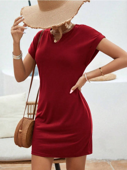 Notched Short Sleeve Mini Tee Dress