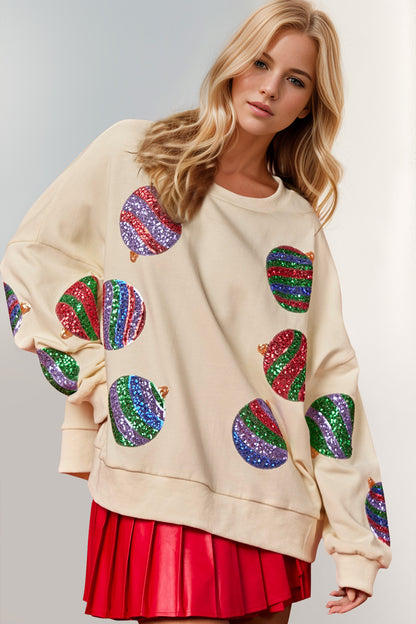 Double Take Christmas Element Sequin Round Neck Long Sleeve Sweatshirt