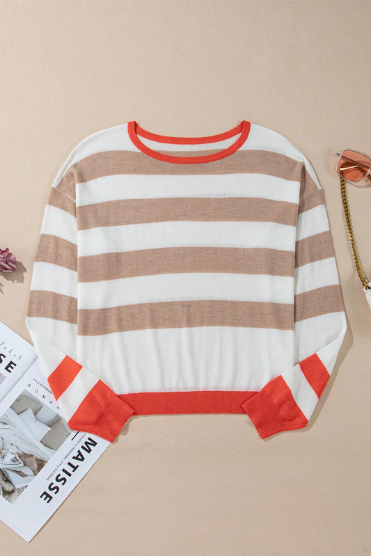 Contrast Striped Round Neck Long Sleeve Knit Top