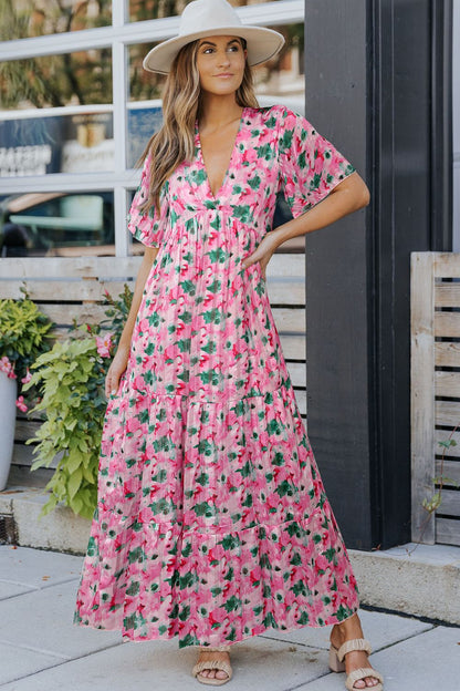 Printed Plunge Short Sleeve Maxi Tiered Dress