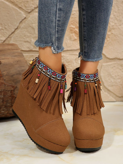 Fringe Suede Wedge Boots