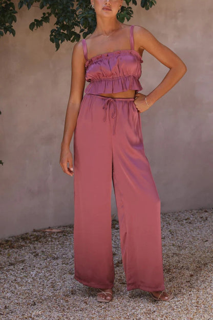 Ruffled Sleeveless Top and Wide Leg Pants Set