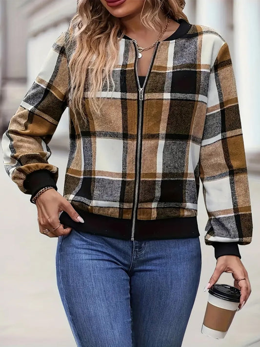 Plus Size Plaid Baseball Collar Zip Up Jacket