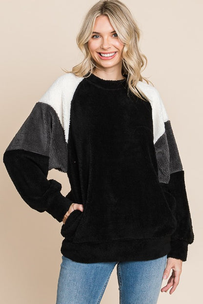 Culture Code Color Block Faux Fur Raglan Sleeve Sweatshirt