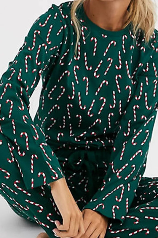 Candy Cane Print Round Neck Top and Pants Lounge Set