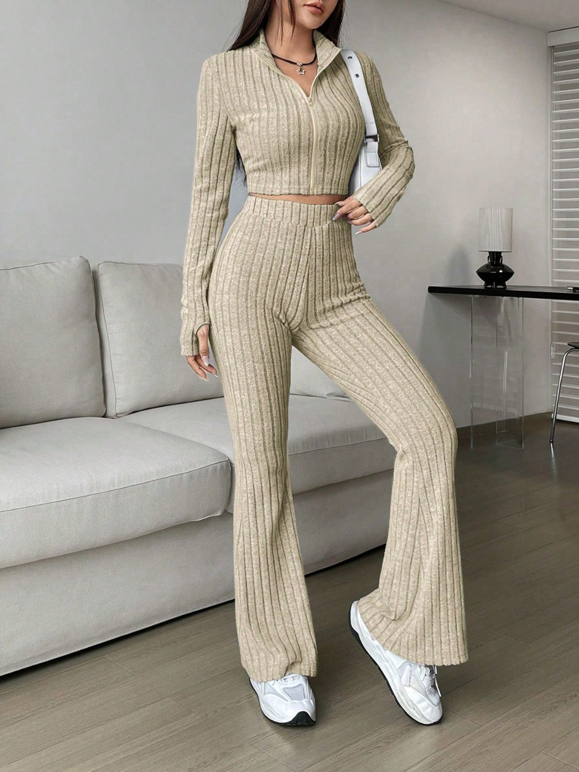 Zip Up Long Sleeve Top and Pants Set