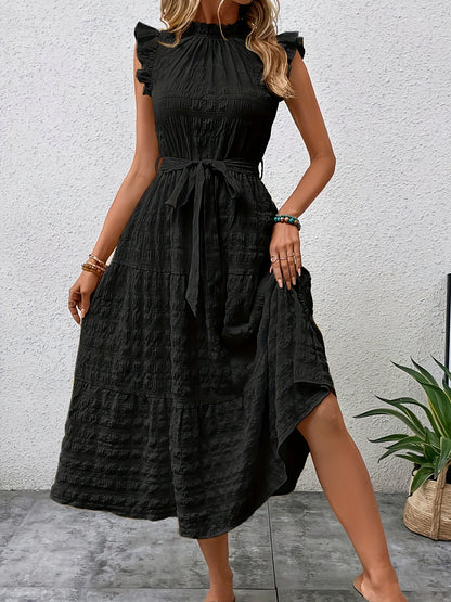 Tied Ruffled Cap Sleeve Midi Dress