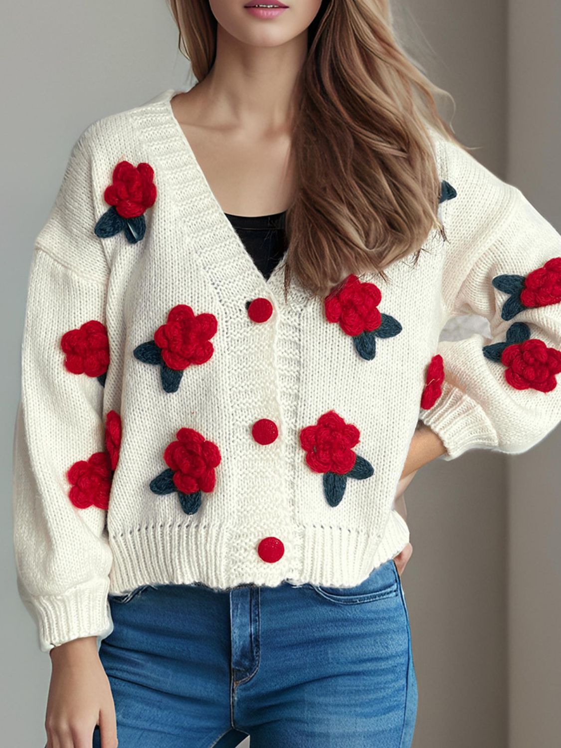 Flower Button Down V-Neck Long Sleeve Cardigan