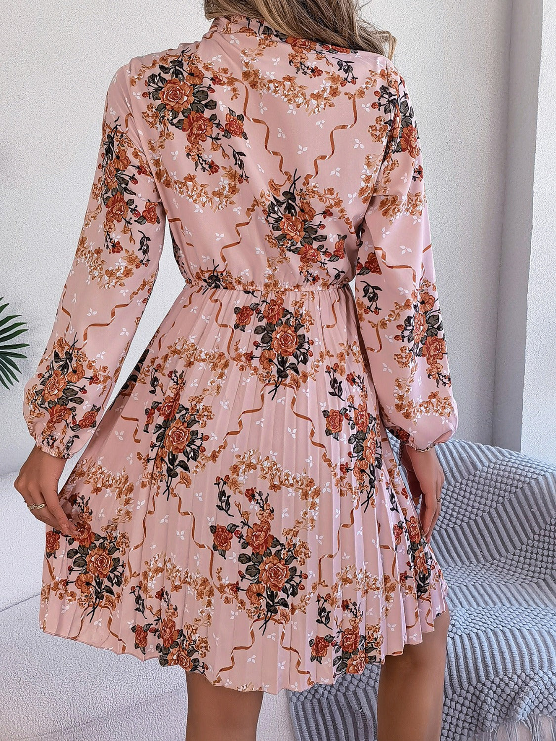 Pleated Printed Tie Neck Long Sleeve Dress