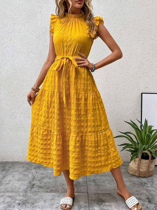 Tied Ruffled Cap Sleeve Midi Dress