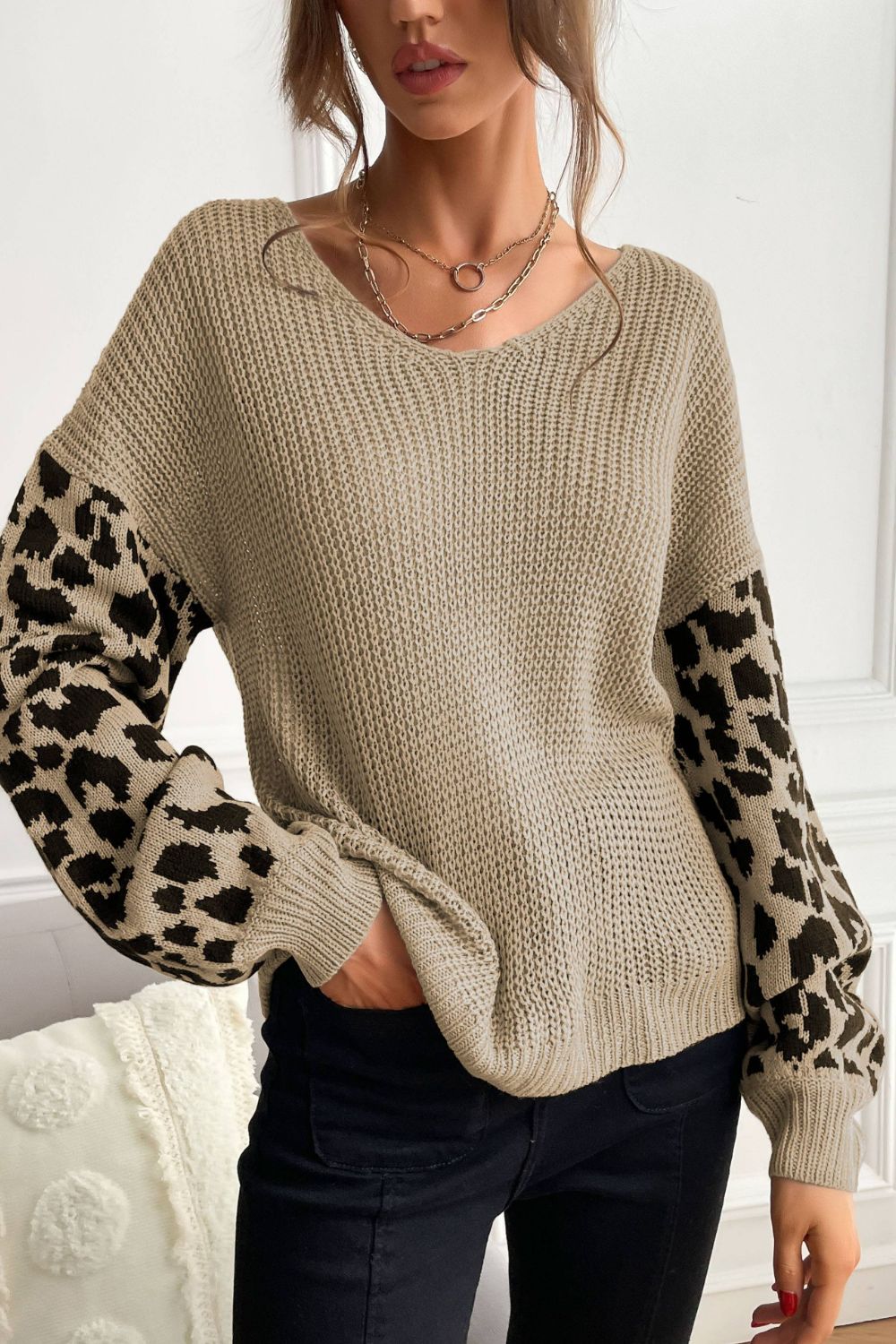 Perfee Leopard Sleeve Dropped Shoulder Sweater