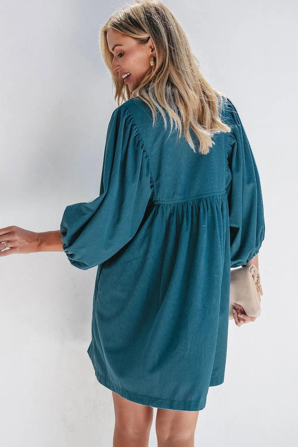 Quarter Snap Three-Quarter Sleeve Dress with Pockets