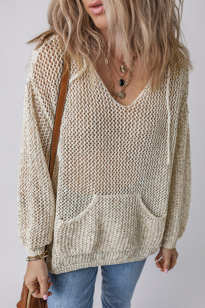 Openwork Dropped Shoulder Hooded Knit Top