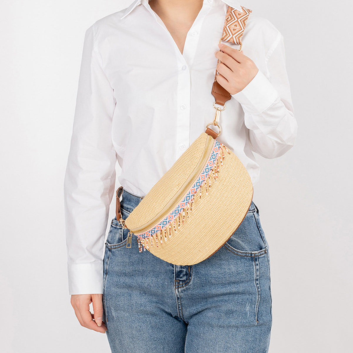 Bead Trim Straw Weave Crossbody Bag