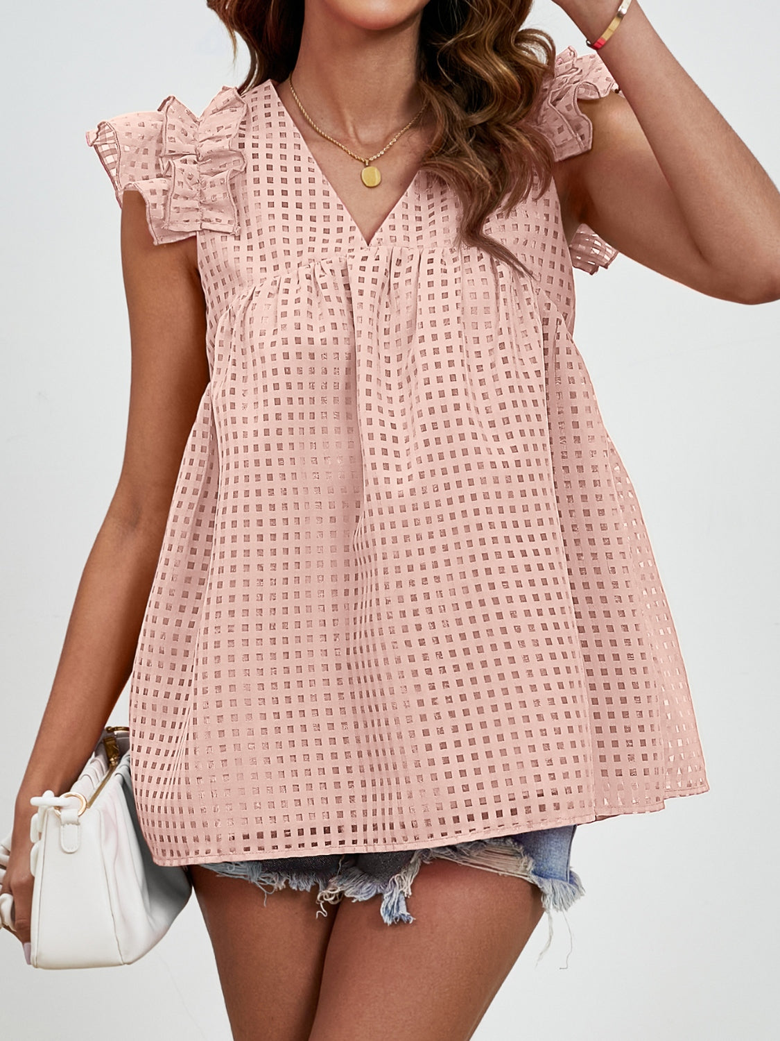 Ruched V-Neck Cap Sleeve Blouse