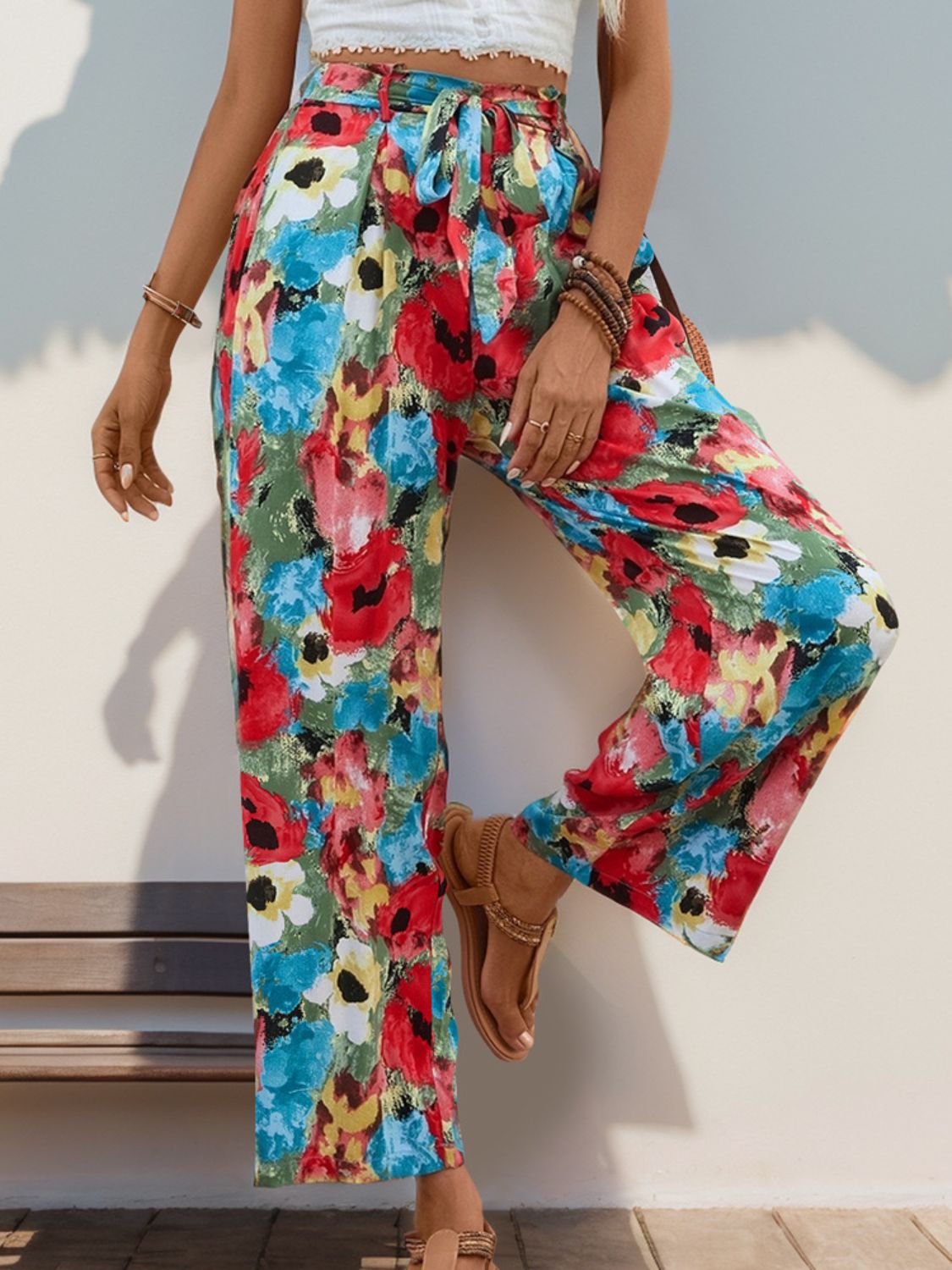 Tied Printed Wide Leg Pants