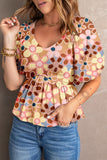 Smocked Printed V-Neck Half Sleeve Blouse