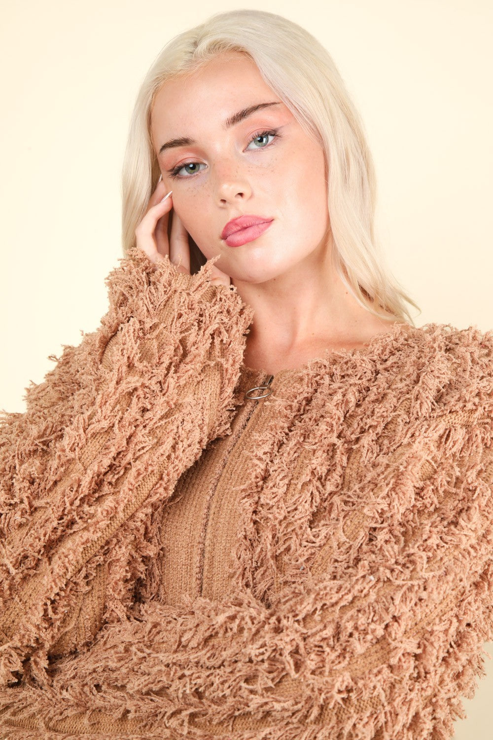 VERY J Shaggy Yarn Knit Zip Up Jacket