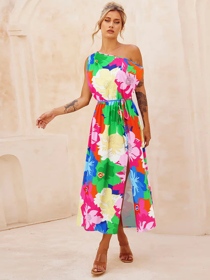 Printed One Shoulder Short Sleeve Dress