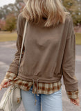 Drawstring Plaid Turtleneck Long Sleeve Top