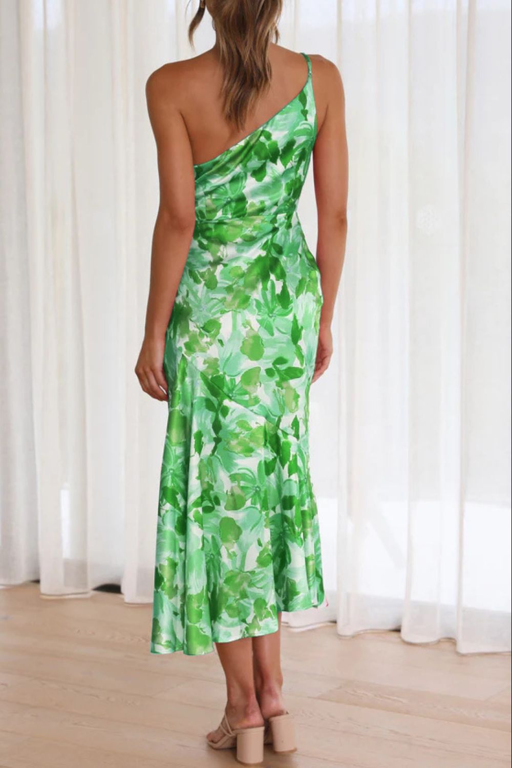 Ruched Printed Single Shoulder Midi Dress