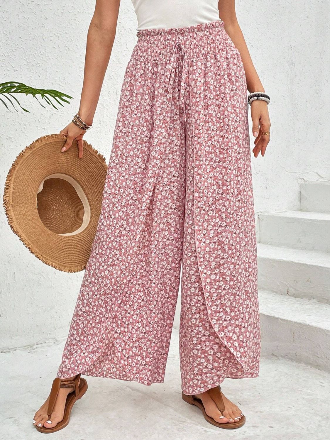 Tied Printed Wide Leg Pants