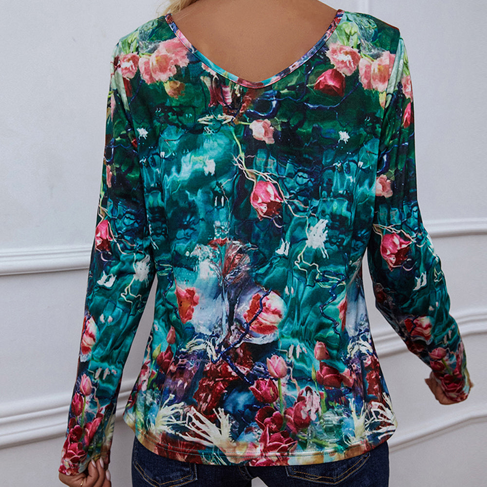 Shiny Printed V-Neck Long Sleeve Blouse