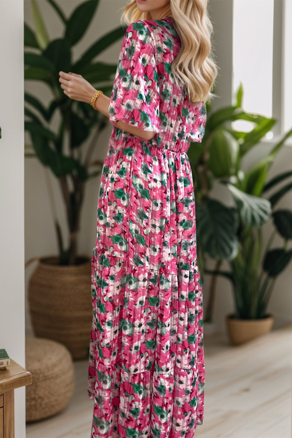 Printed Plunge Short Sleeve Maxi Tiered Dress