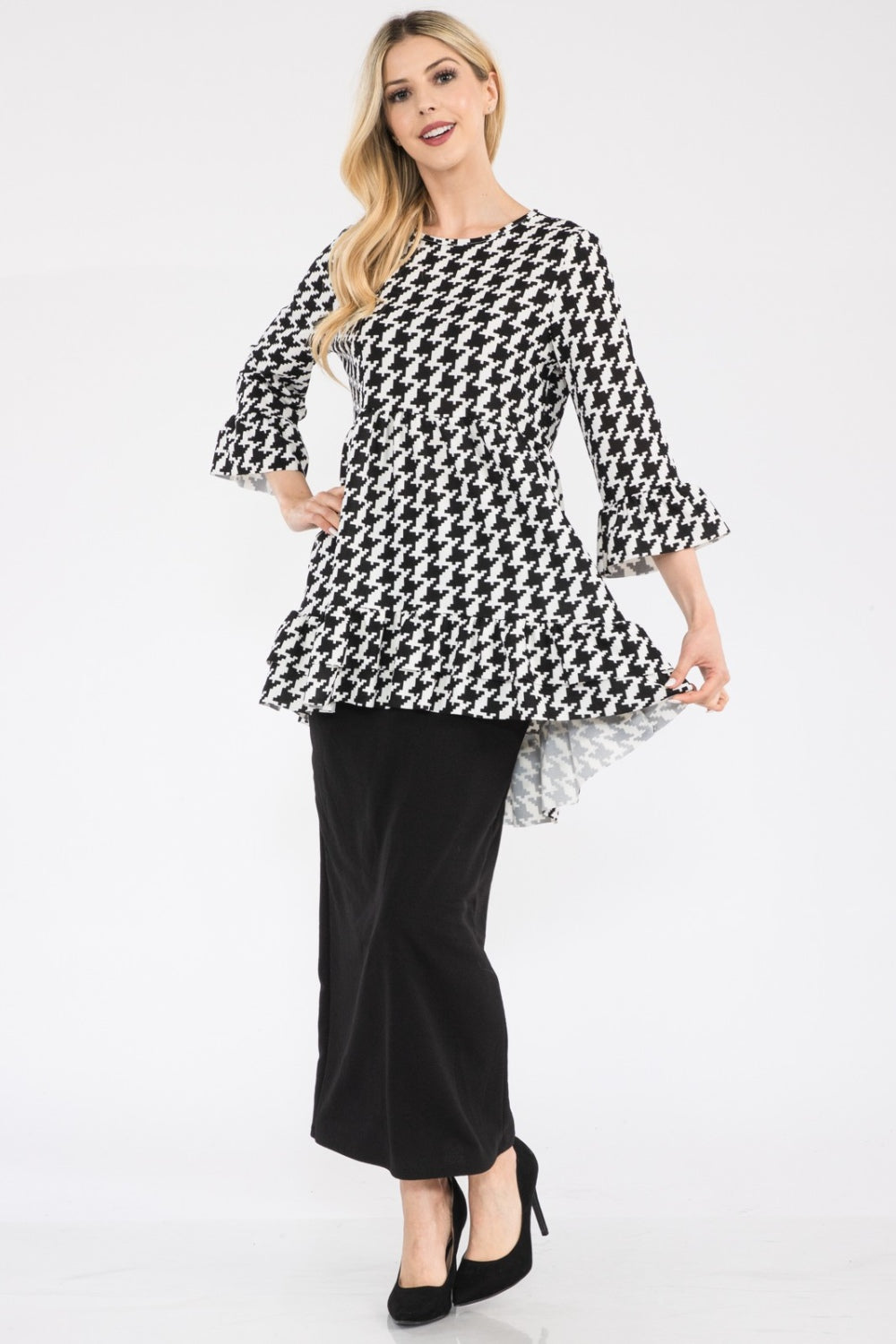 Celeste Full Size Houndstooth Flounce Sleeve High-Low Top