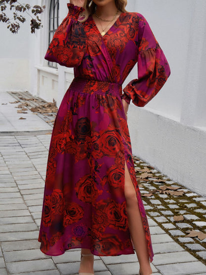 Split Printed Surplice Long Sleeve Midi Dress