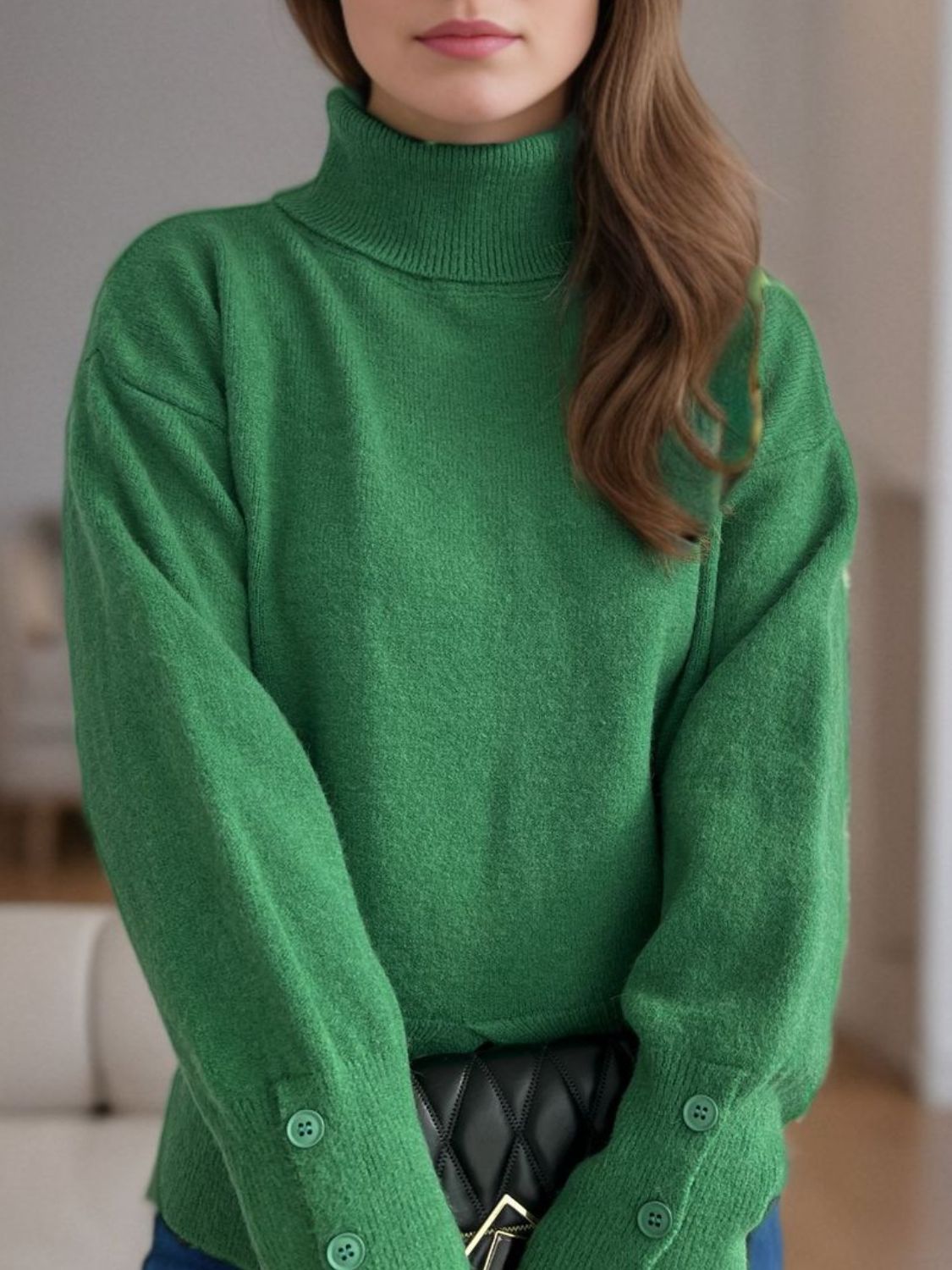 Front Slit Decorative Button Turtleneck Sweater