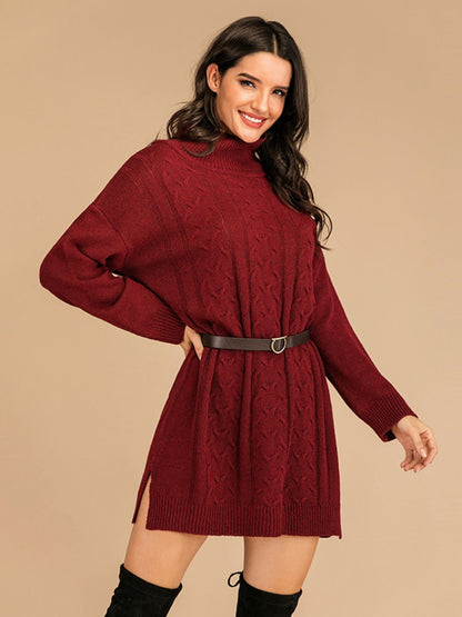 Perfee Slit Turtleneck Long Sleeve Mini Sweater Dress