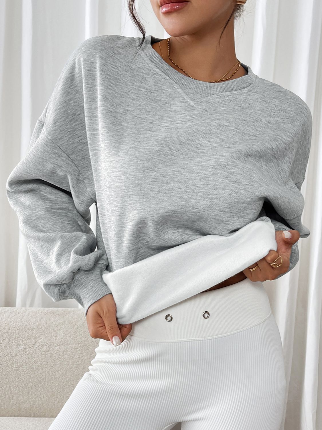 Perfee Round Neck Long Sleeve Sweatshirt