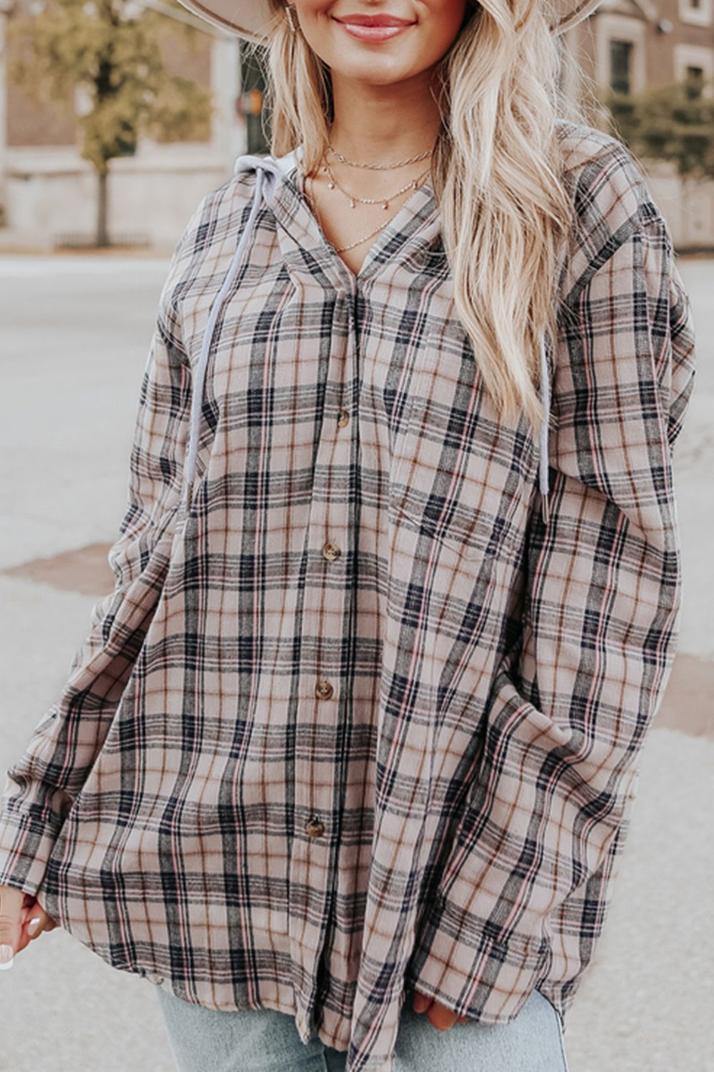 Drawstring Plaid Hooded Long Sleeve Shirt