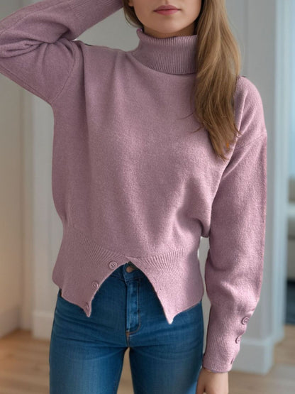 Front Slit Decorative Button Turtleneck Sweater