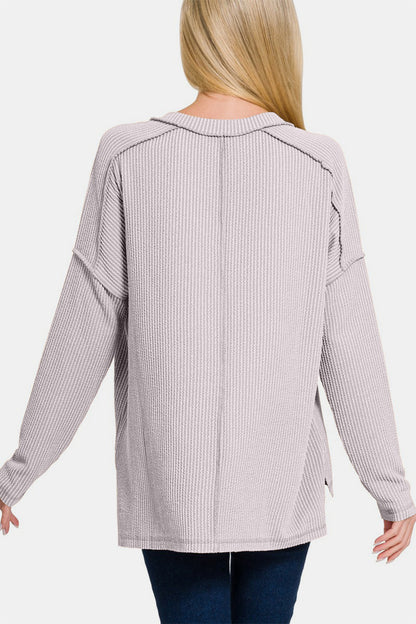 Zenana Texture Exposed Seam V-Neck Long Sleeve T-Shirt