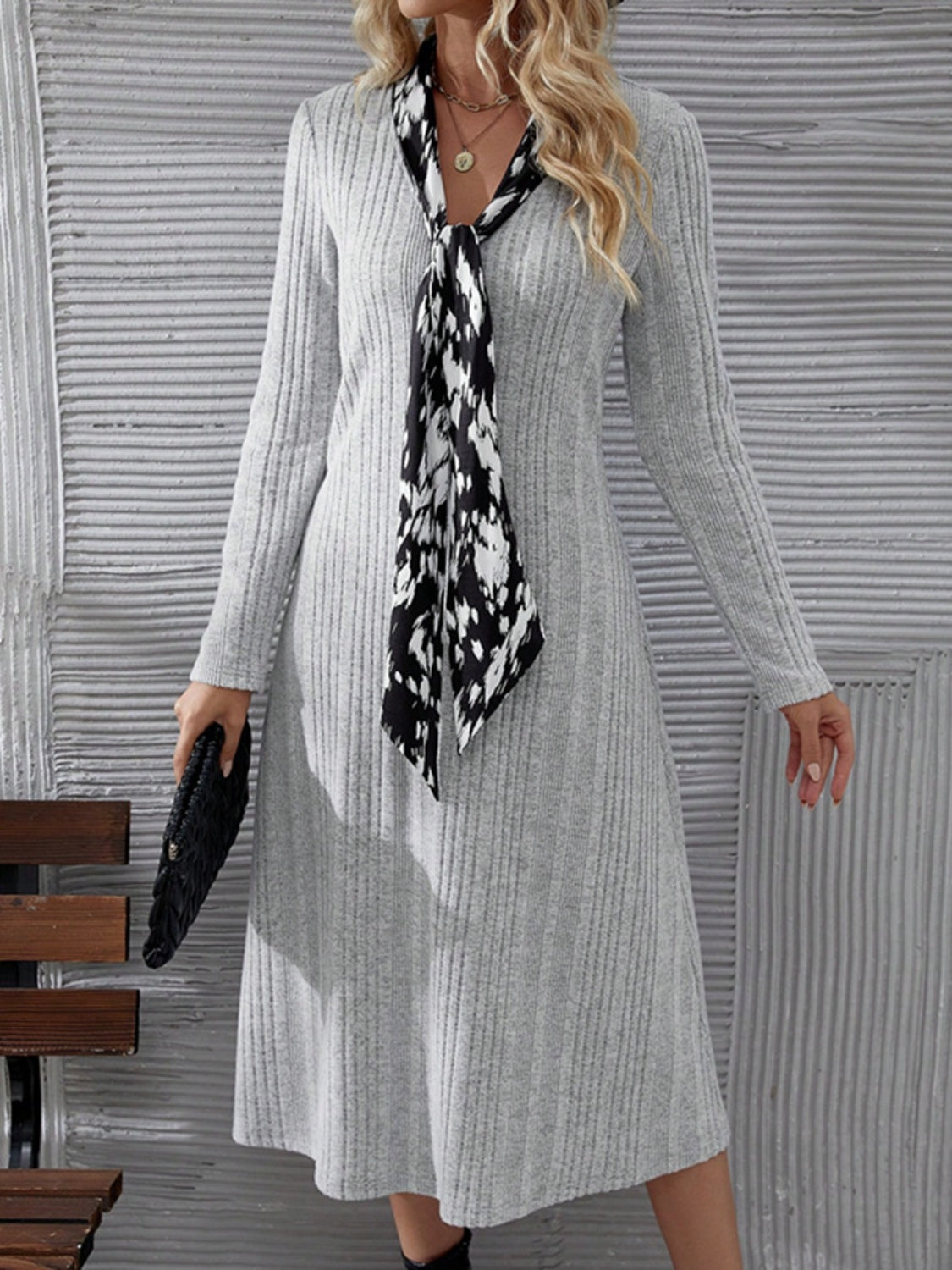 V-Neck Long Sleeve Midi Dress