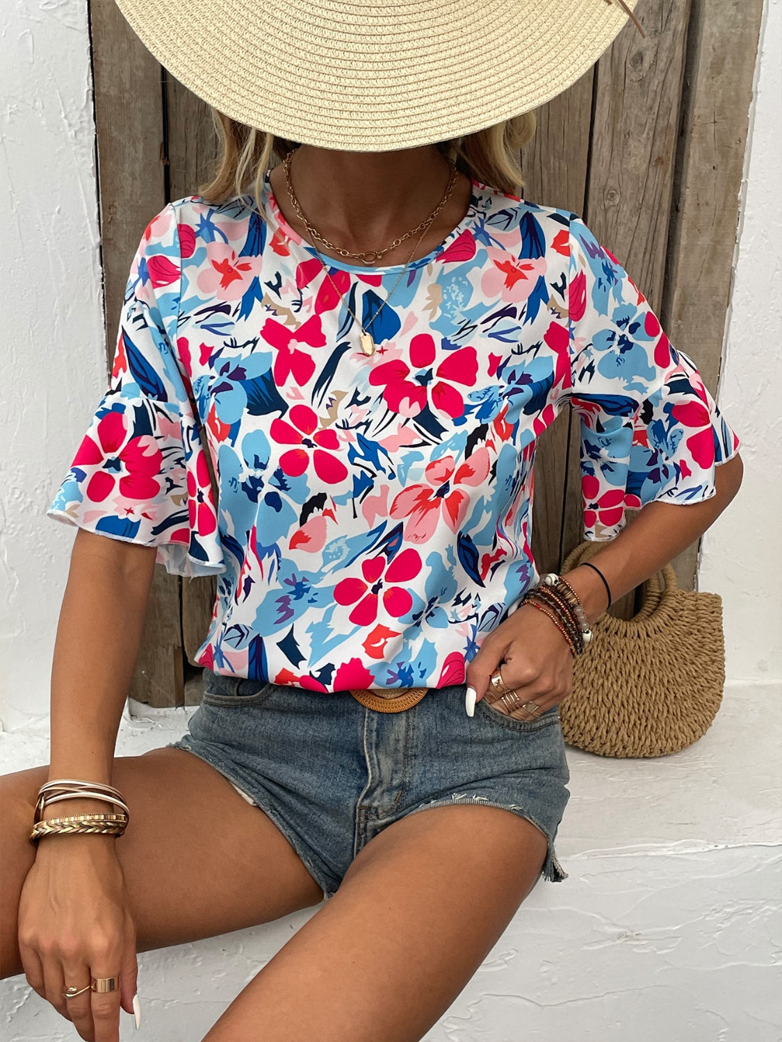 Printed Round Neck Flounce Sleeve Blouse