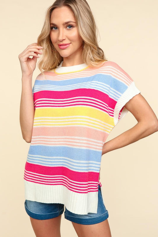 Haptics Striped Side Slit Short Sleeve Knit Top