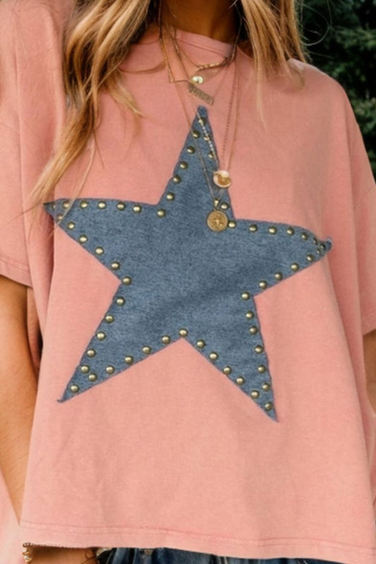 Studded Star Round Neck Short Sleeve T-Shirt