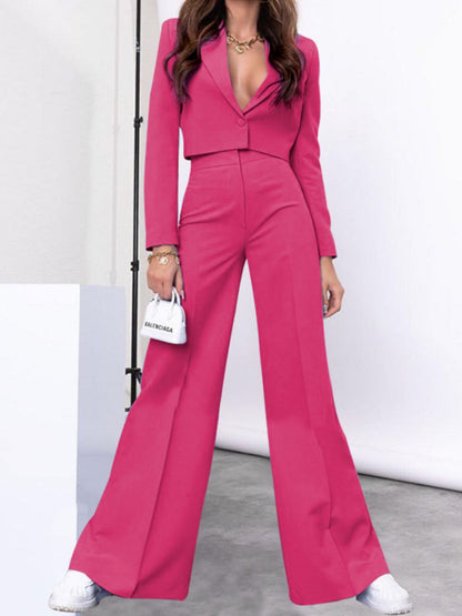 Lapel Collar Cropped Top and Wide Leg Pants Set