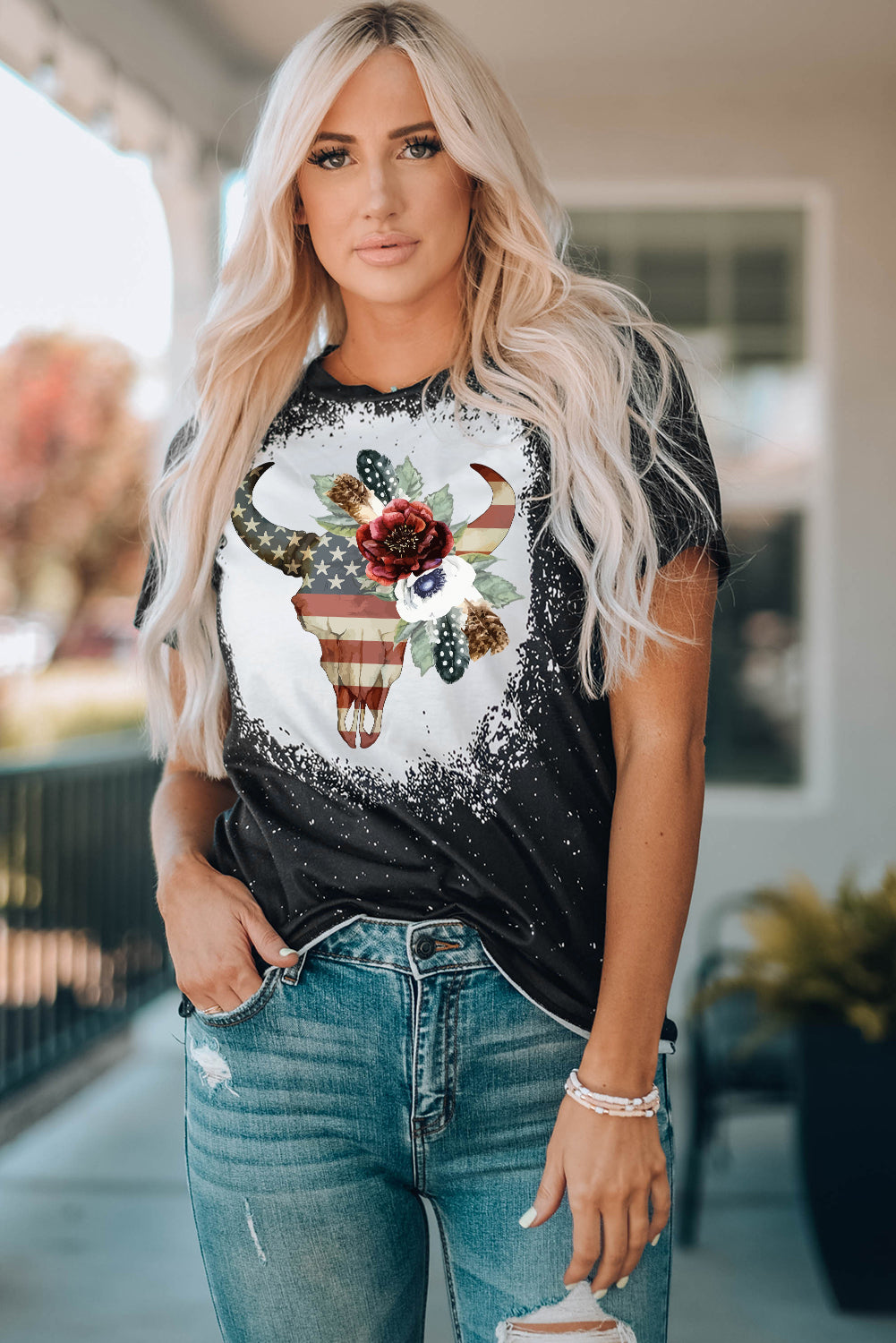 US Flag Bull Graphic Round Neck Tee