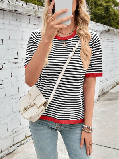 Lovelet Striped Contrast Round Neck Half Sleeve Knit Top