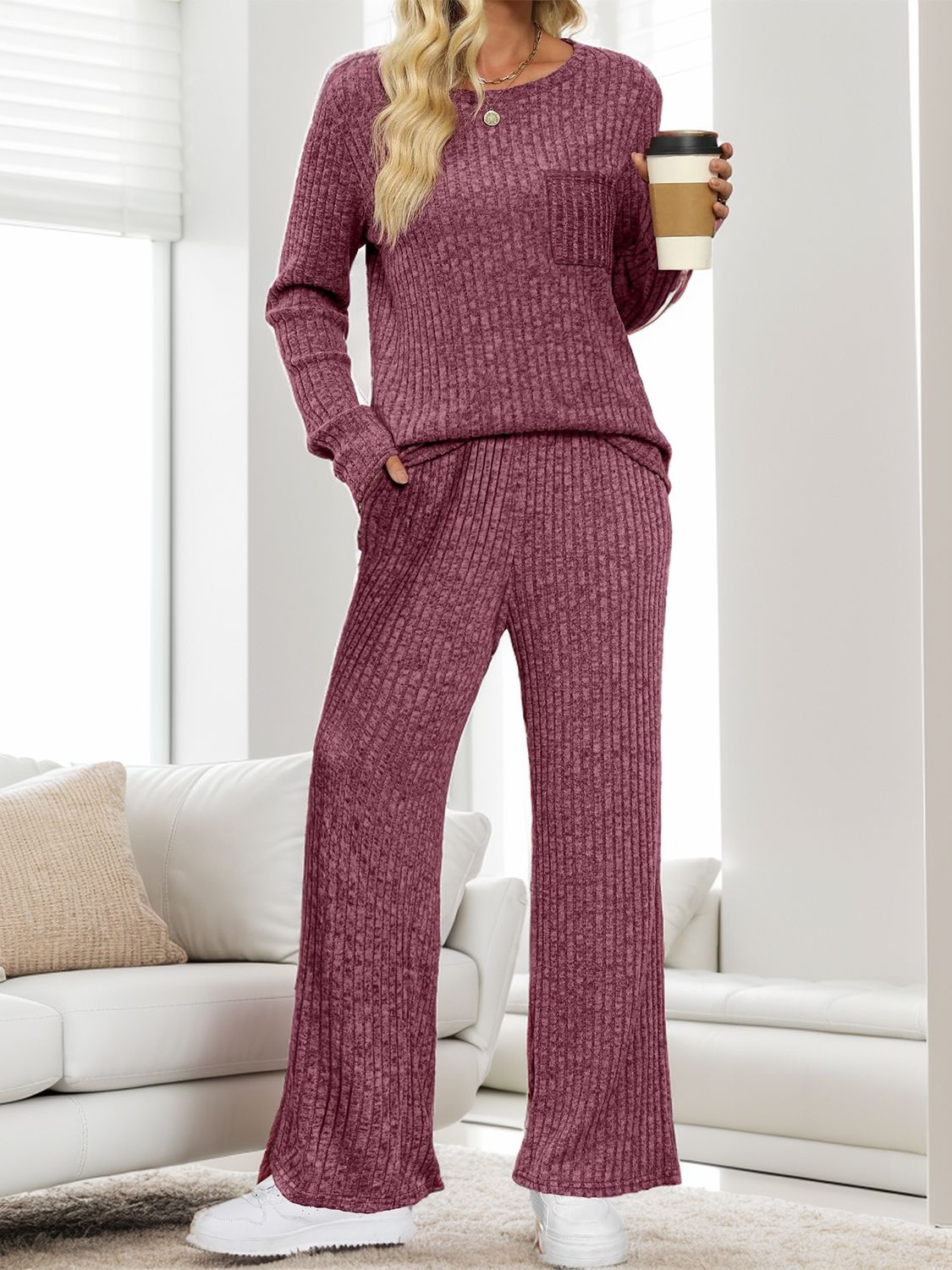 Round Neck Long Sleeve Top and Pants Set