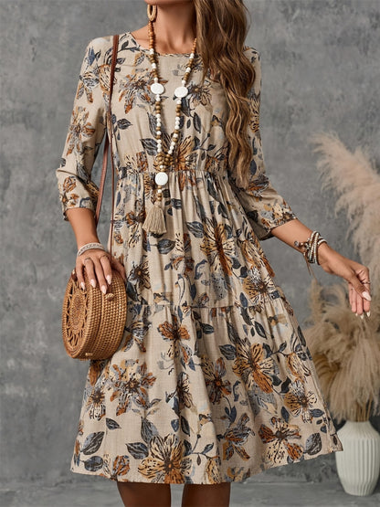 Printed Round Neck Three-Quarter Sleeve Dress