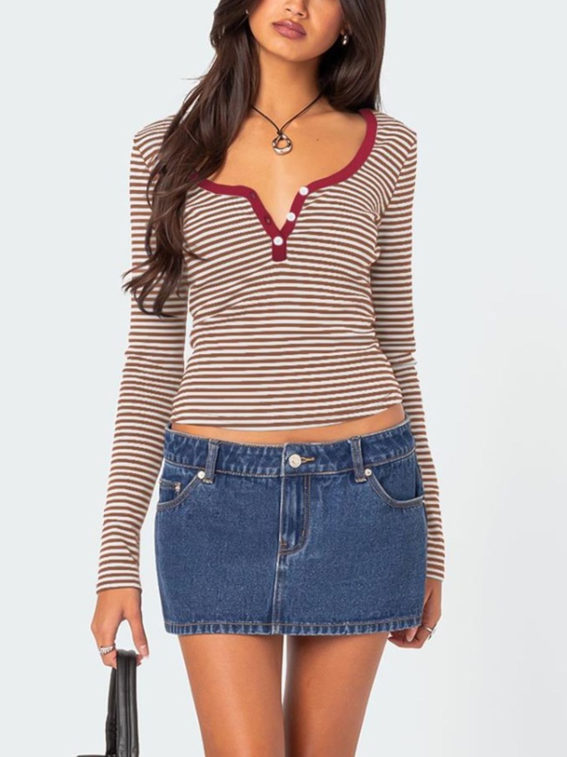 Buttoned Striped Long Sleeve T-Shirt