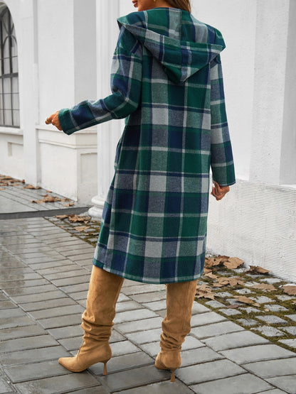 Plaid Long Sleeve Hooded Coat