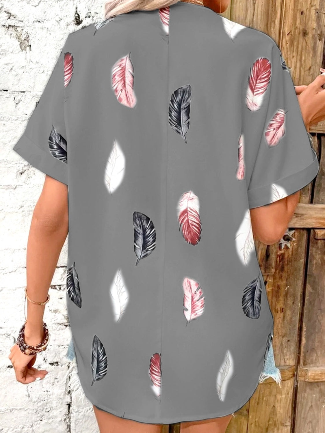 Full Size Printed Collared Neck Short Sleeve Blouse